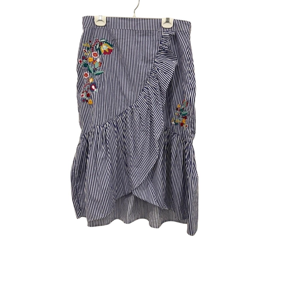Springfield Blue White Embroidered Asymmetrical Ruffle Midi Skirt Cotton Size 12